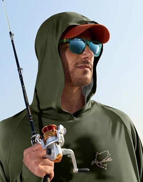 Men’s Sun Protection Hoodie Shirts UPF 50+ Long Sleeve Large Army Green/Fish
