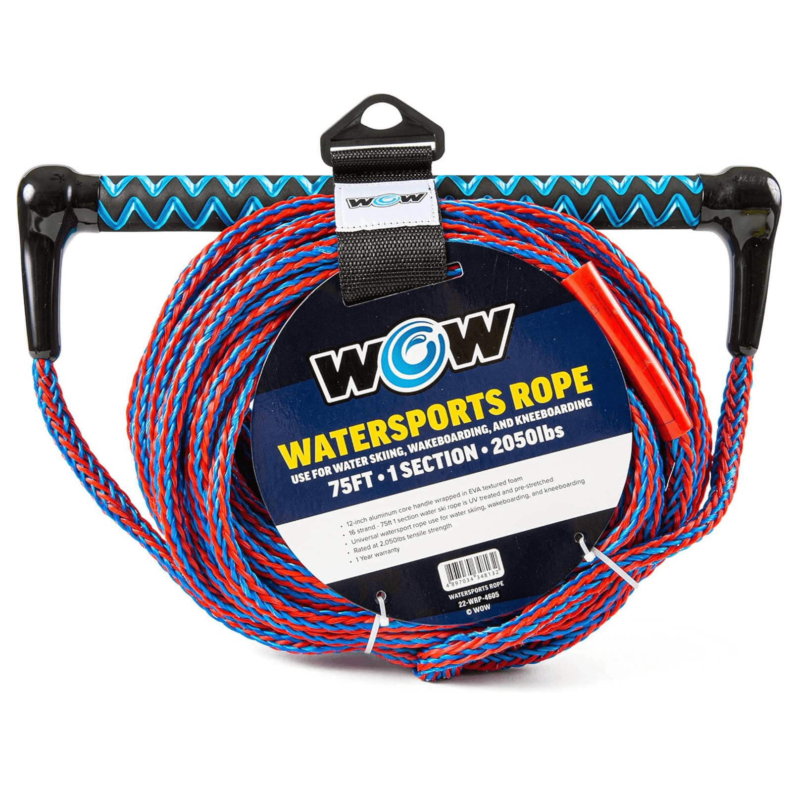 WOW Watersports 75ft Watersports Tow Rope with EVA Handle for Non-Slip Grip
