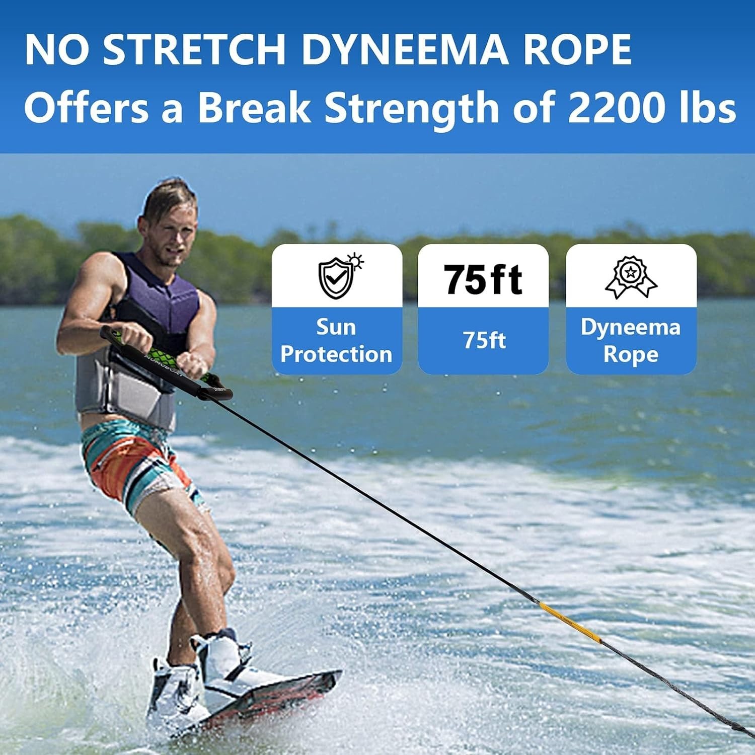Dyneema Wakeboard Rope 75ft – No Stretch – 2200 lbs