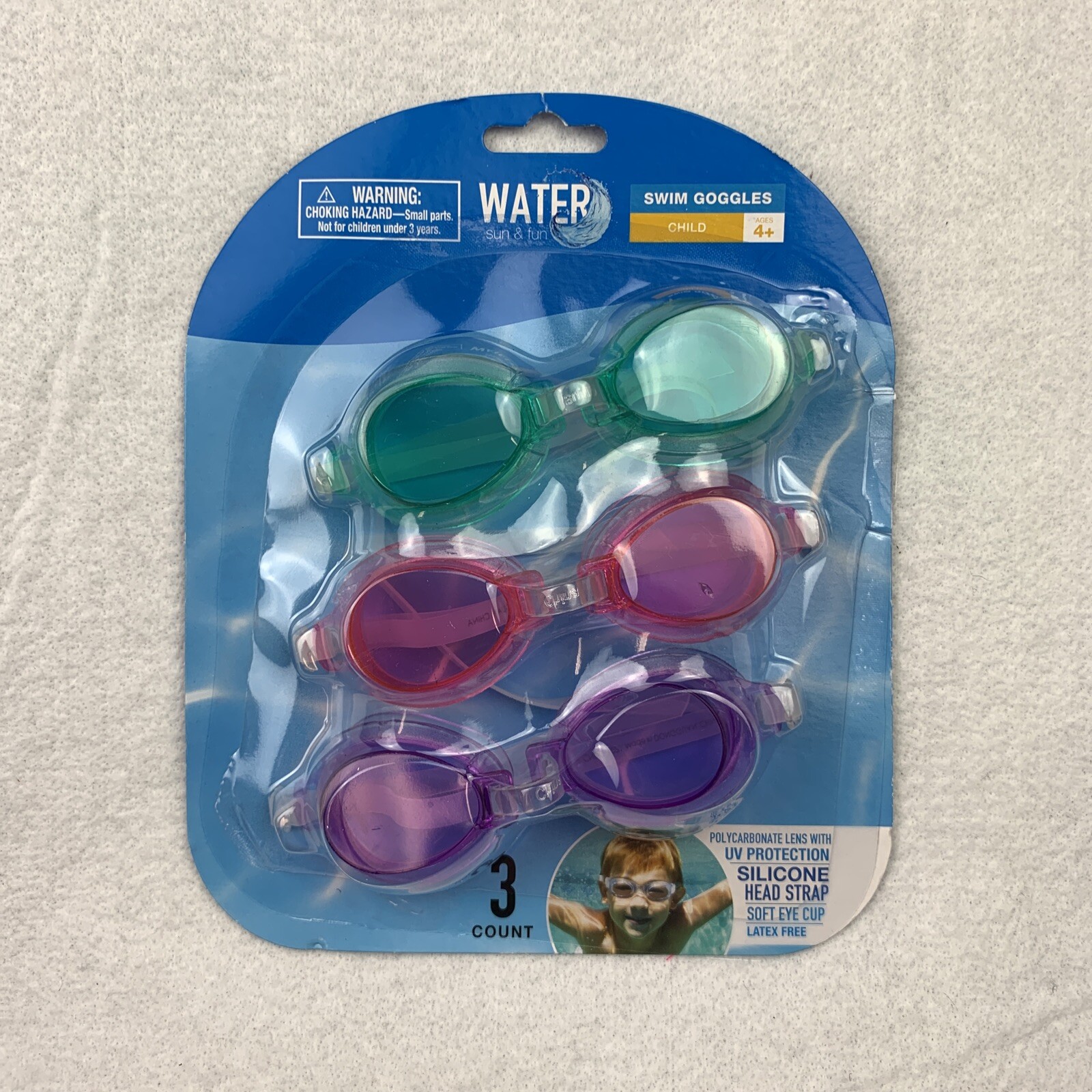 Water Sun & Fun Swim Goggles Child Size 4+. 3 Count Latex Free New!