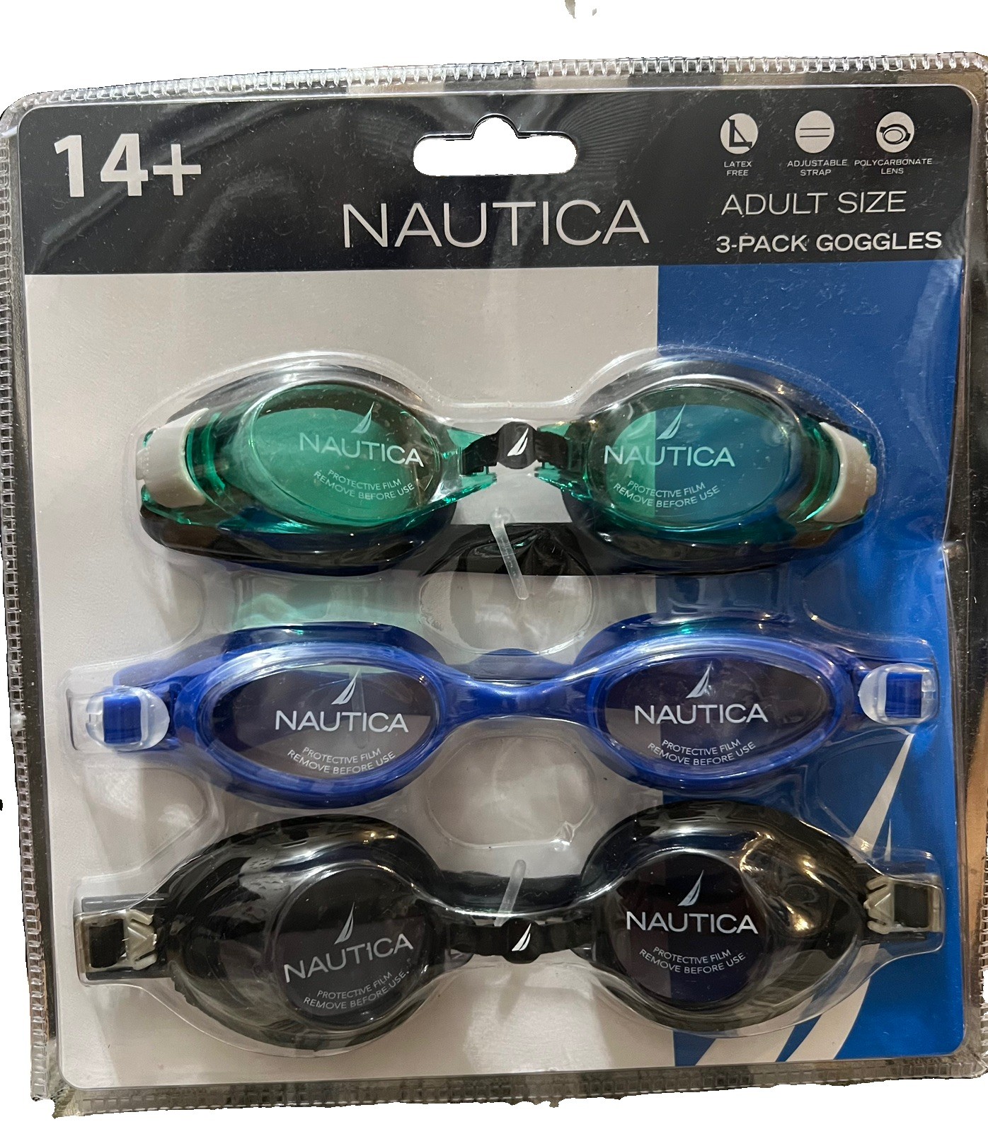 Nautica Adult Size 3-Pack Goggles,Latex Free, PVC Strap, Polycarbonate Lens