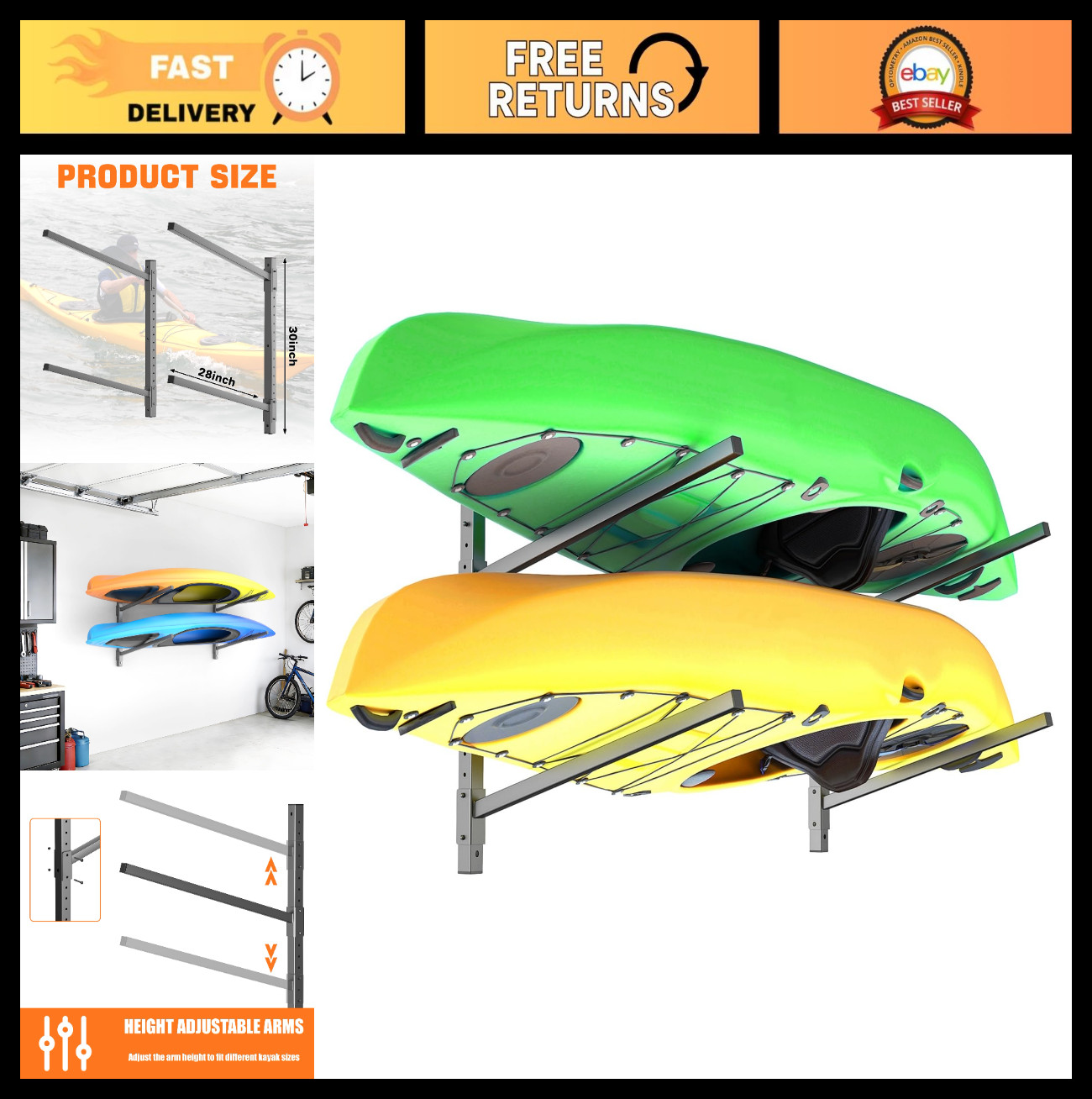 Heavy-Duty Wall Mount Kayak Storage Rack for Garage – 2-Tier Hanger for Kayaks,