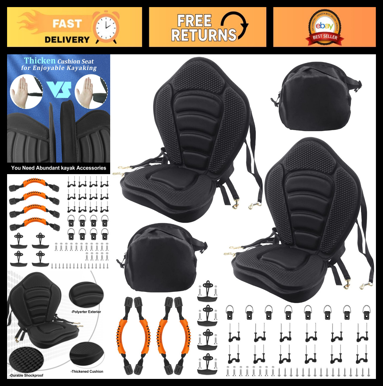 Padded Kayak Seat Cushion with Back Support – 1/2 Pack, Canoe & SUP Compatible