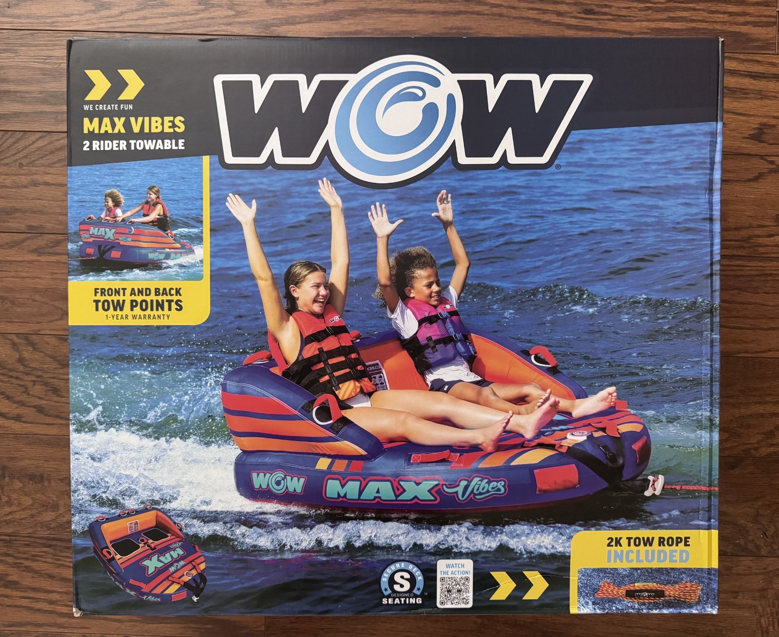 WOW Sports Max Vibes Towable 1-2 Person with Rope Tube Float for Boating
