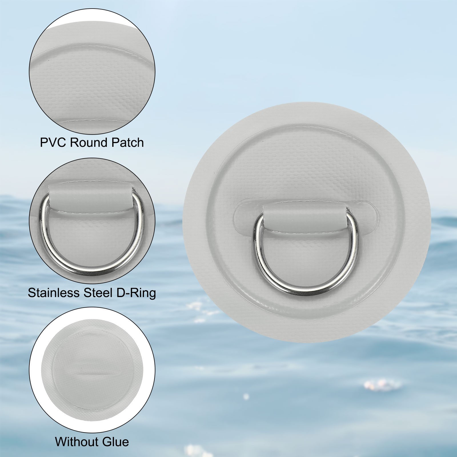 6Pcs Stainless Steel D-Ring Patch Round Patch with Elastic Cords & Hooks Gray