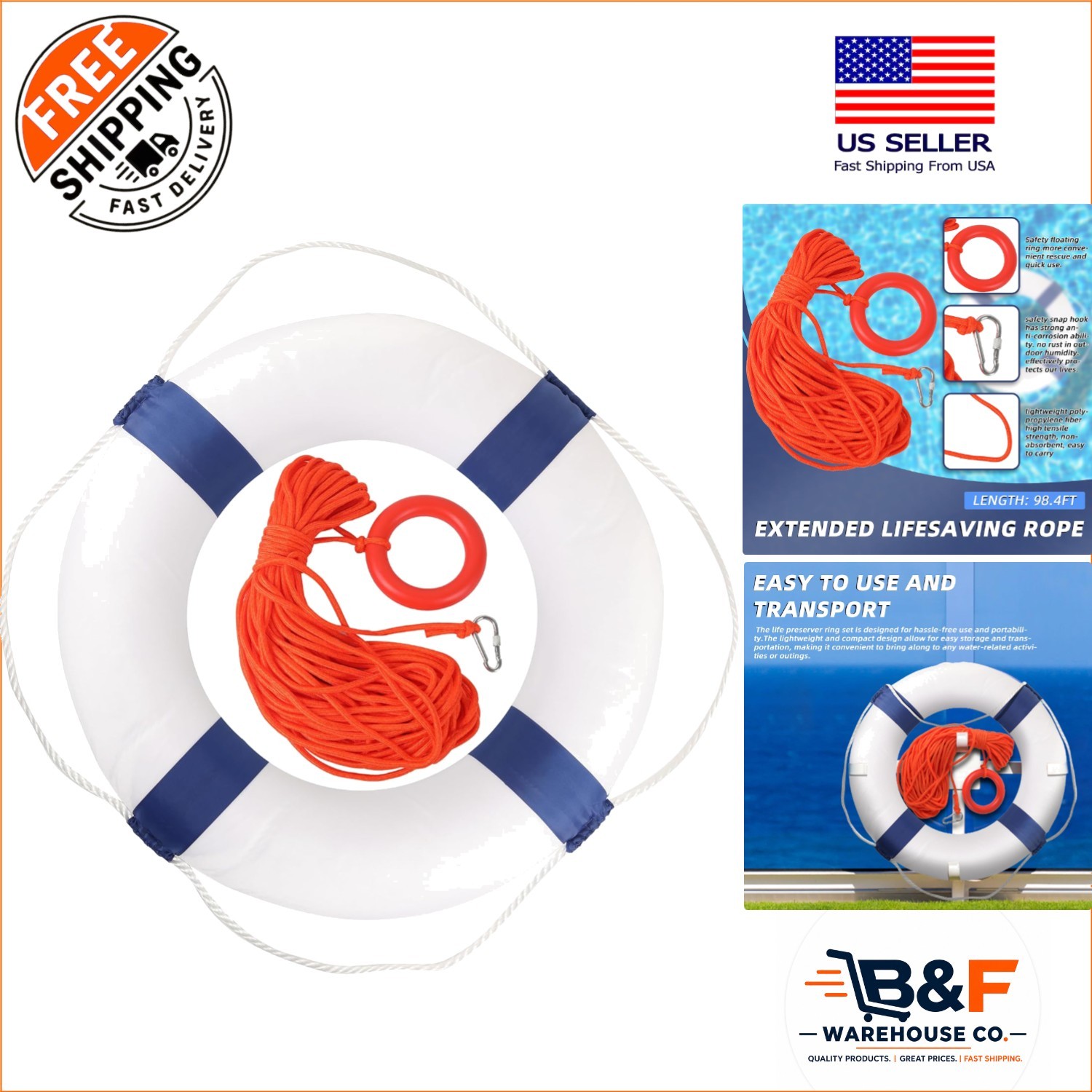 20″ Foam Life Preserver Ring with 98.4ft Floating Rope – Essential Water Safety