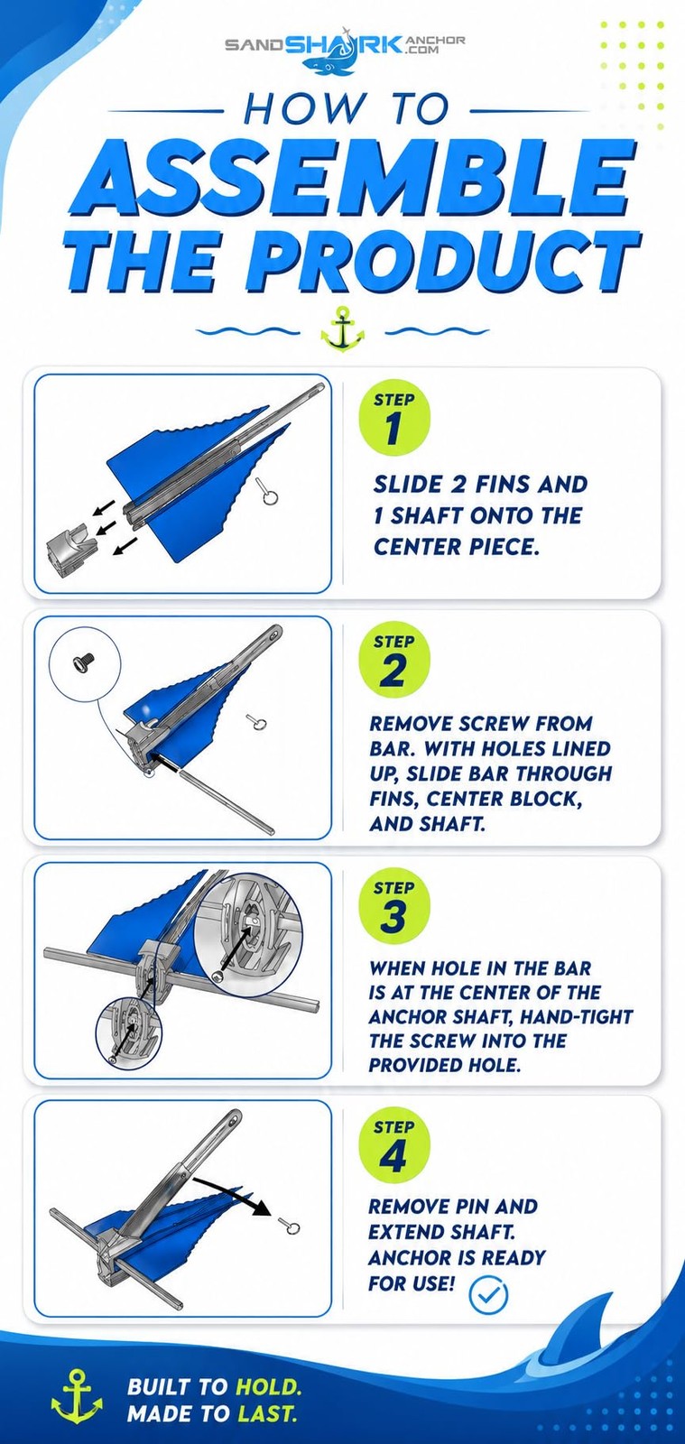 SandShark Premium Fluke Anchor-Retractable Shaft Easy Storage-Aluminum Pontoo…