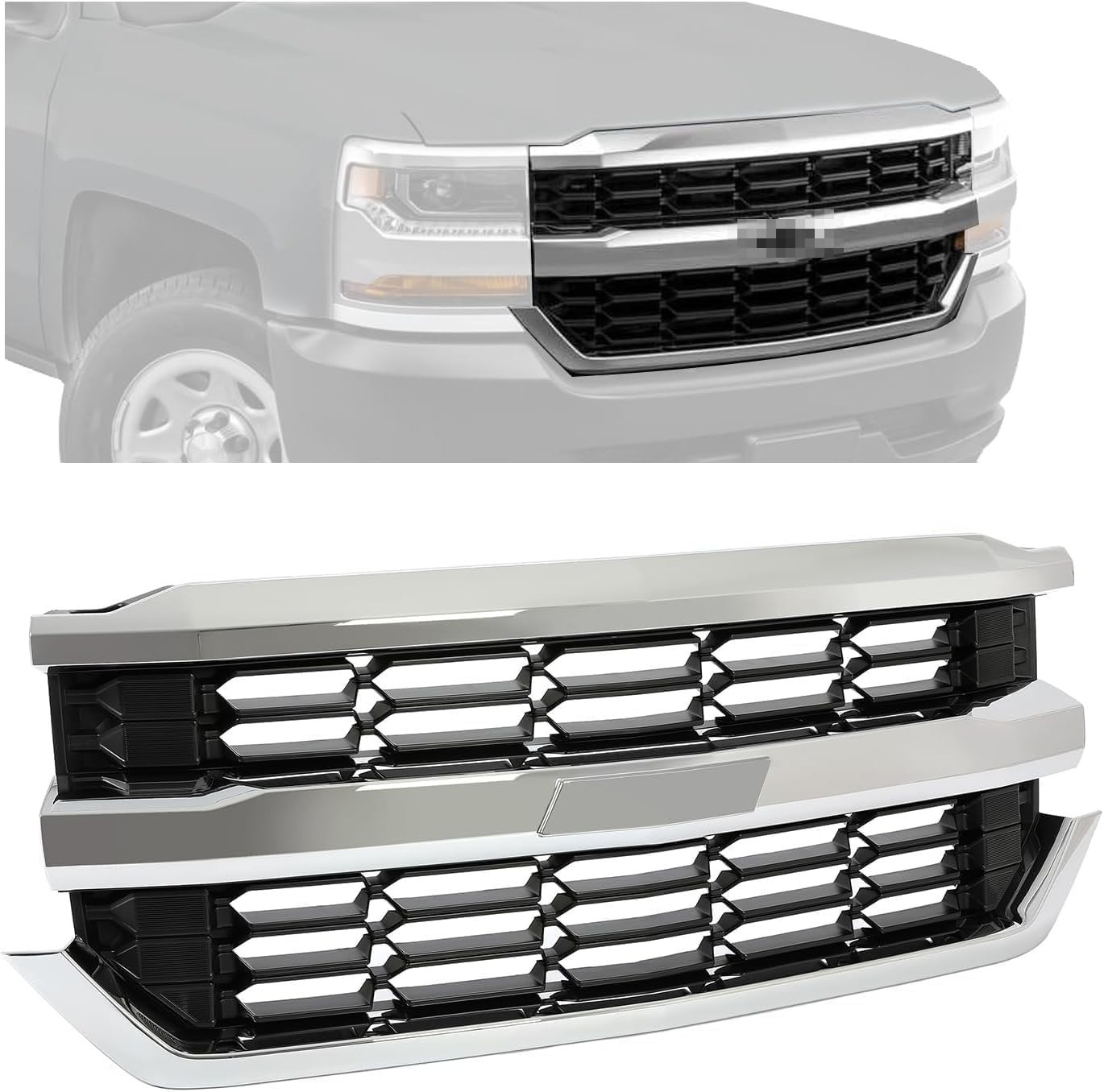 Upper Grille Compatible with 2016-2019 Chevy Chevrolet Silverado 1500 Replaceme