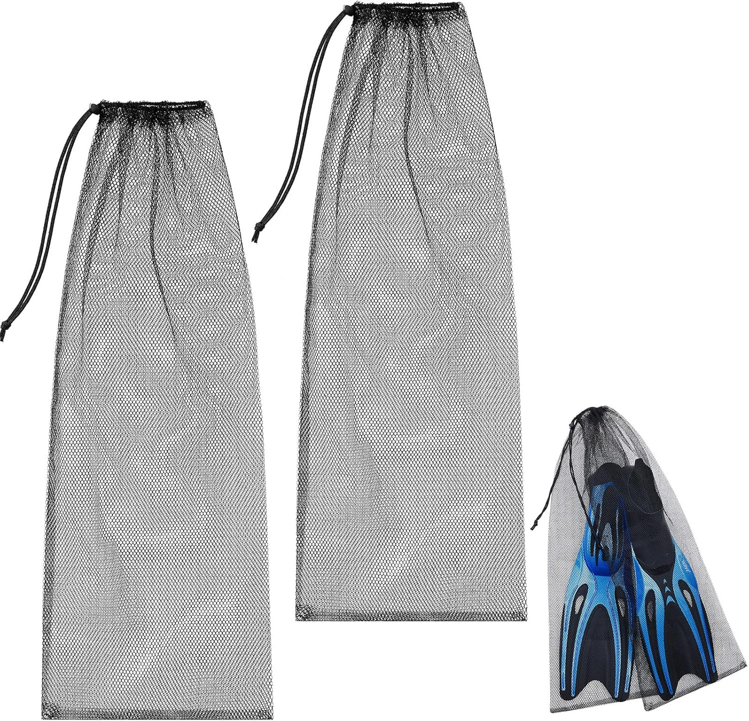 2 Pcs Diving Snorkeling Mesh Drawstring Bags 29.5×10.8 Inches Black Quick-Dry Ge