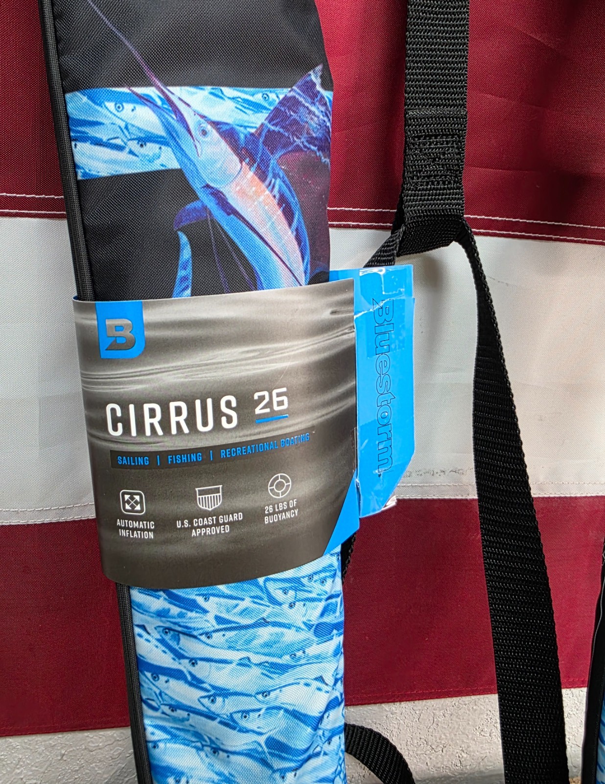 Bluestorm Cirrus 26 Life Jacket USCG Type V PFD, Guy Harvey SAILFISH