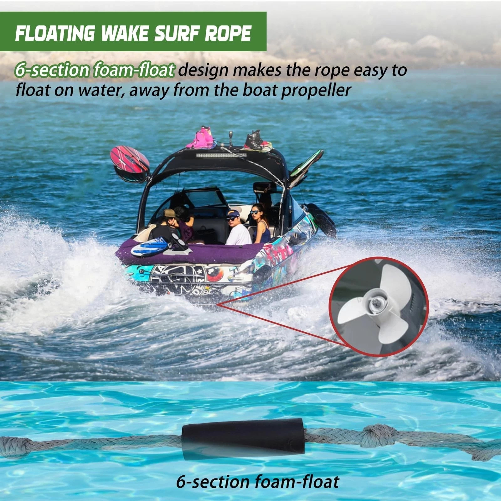 25FT Wakesurf Rope and Handle, 6 Sections Adjustable Floating Surf Tow Ropes,…