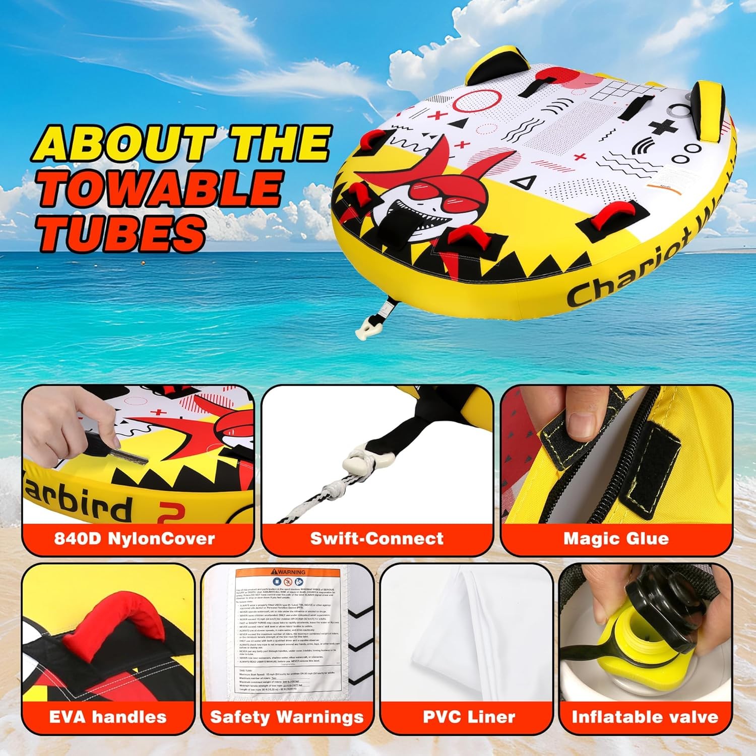 Towable Tube Boating 2 Person Lay-On Style Inflatable Towable W/ Heavy Duty