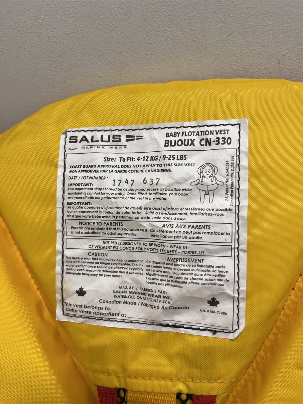 NWT Salus Bijoux Baby Vest Flotation Jacket for Infants 9-25 pounds Red/Yellow