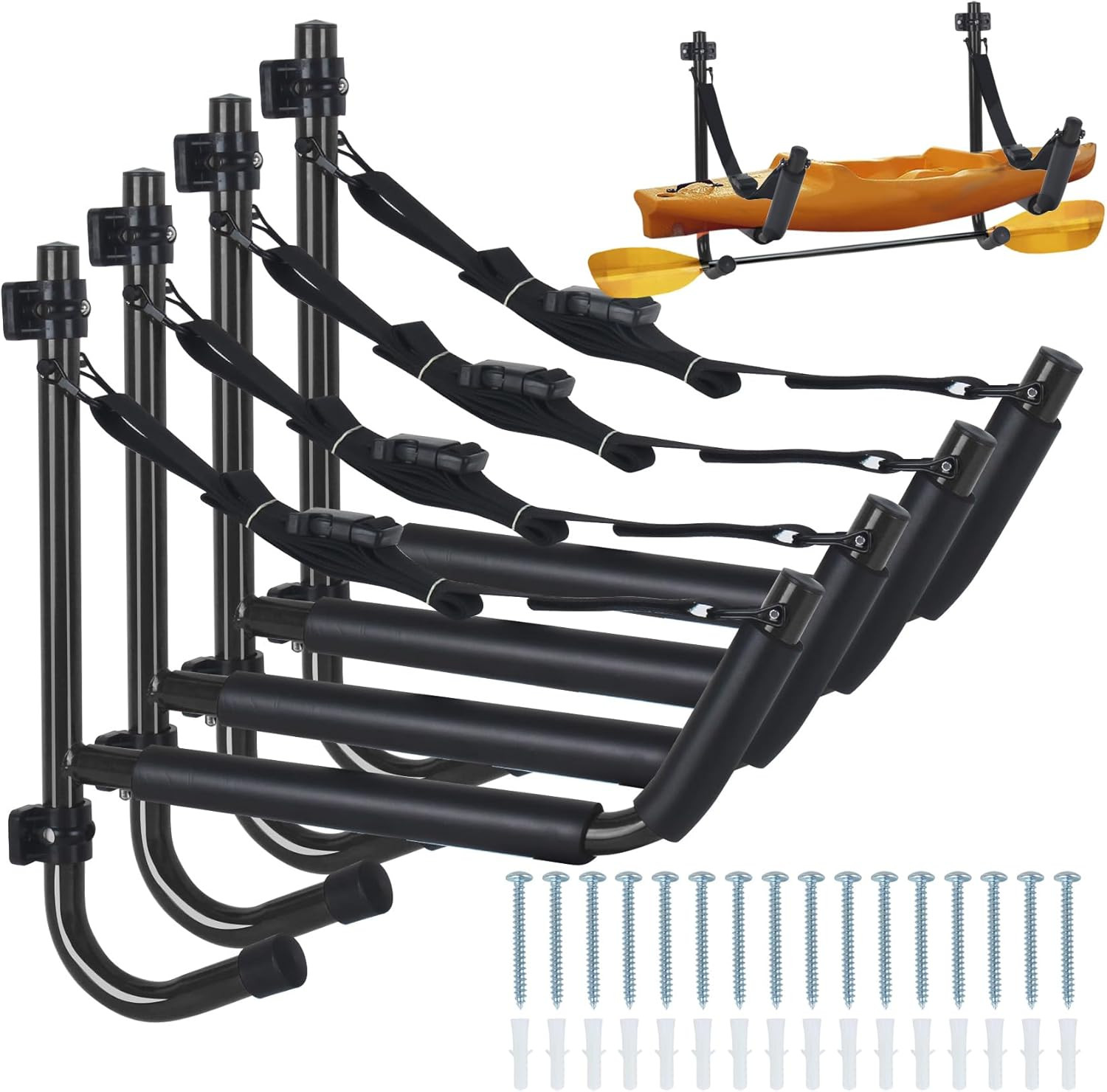 Heavy Duty Kayak Storage Rack Wall Mount – 2/4 Pack with Paddle Strap