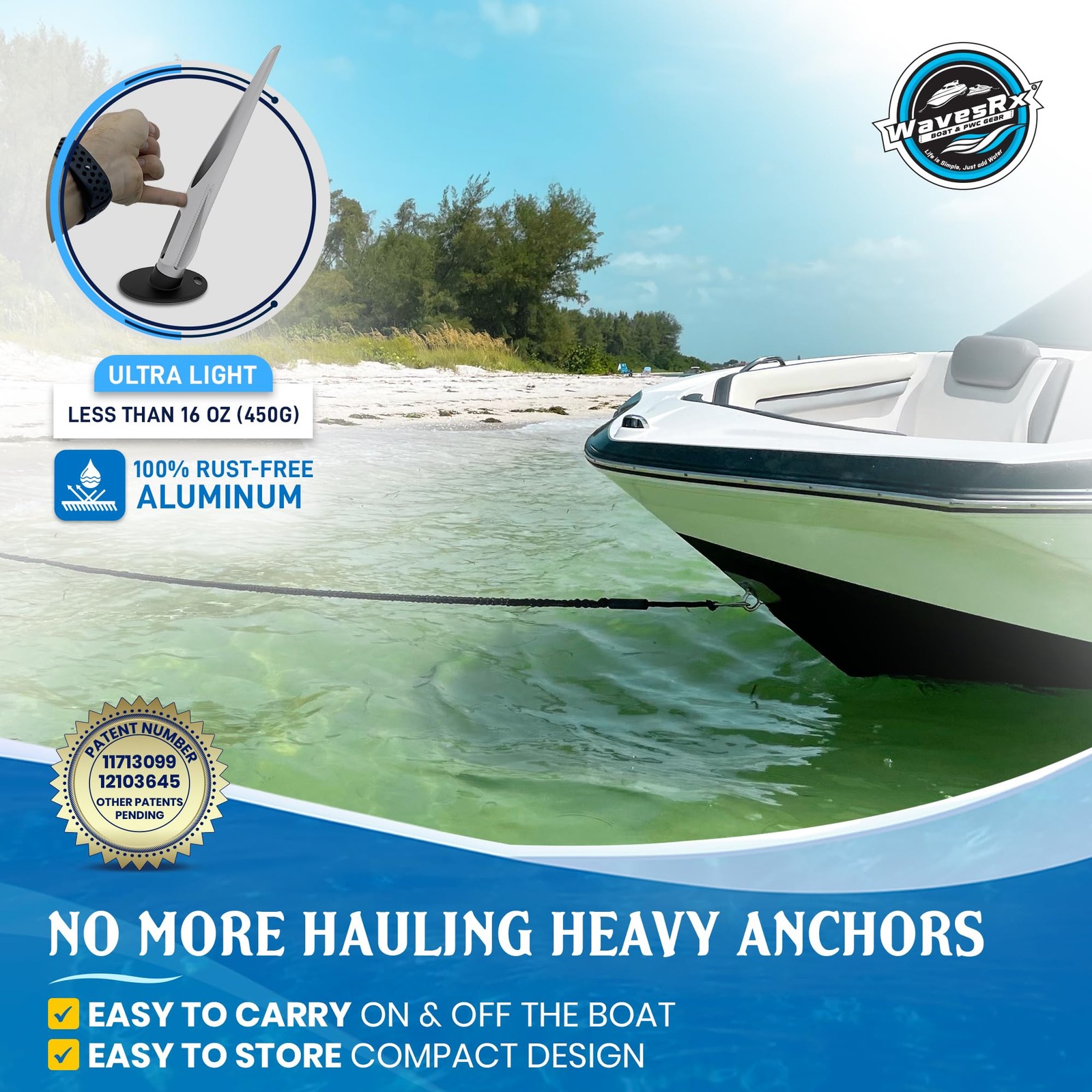 WAVESRX Ultra-Light Aluminum Beach Anchor for Jet Ski, Boat & Kayak