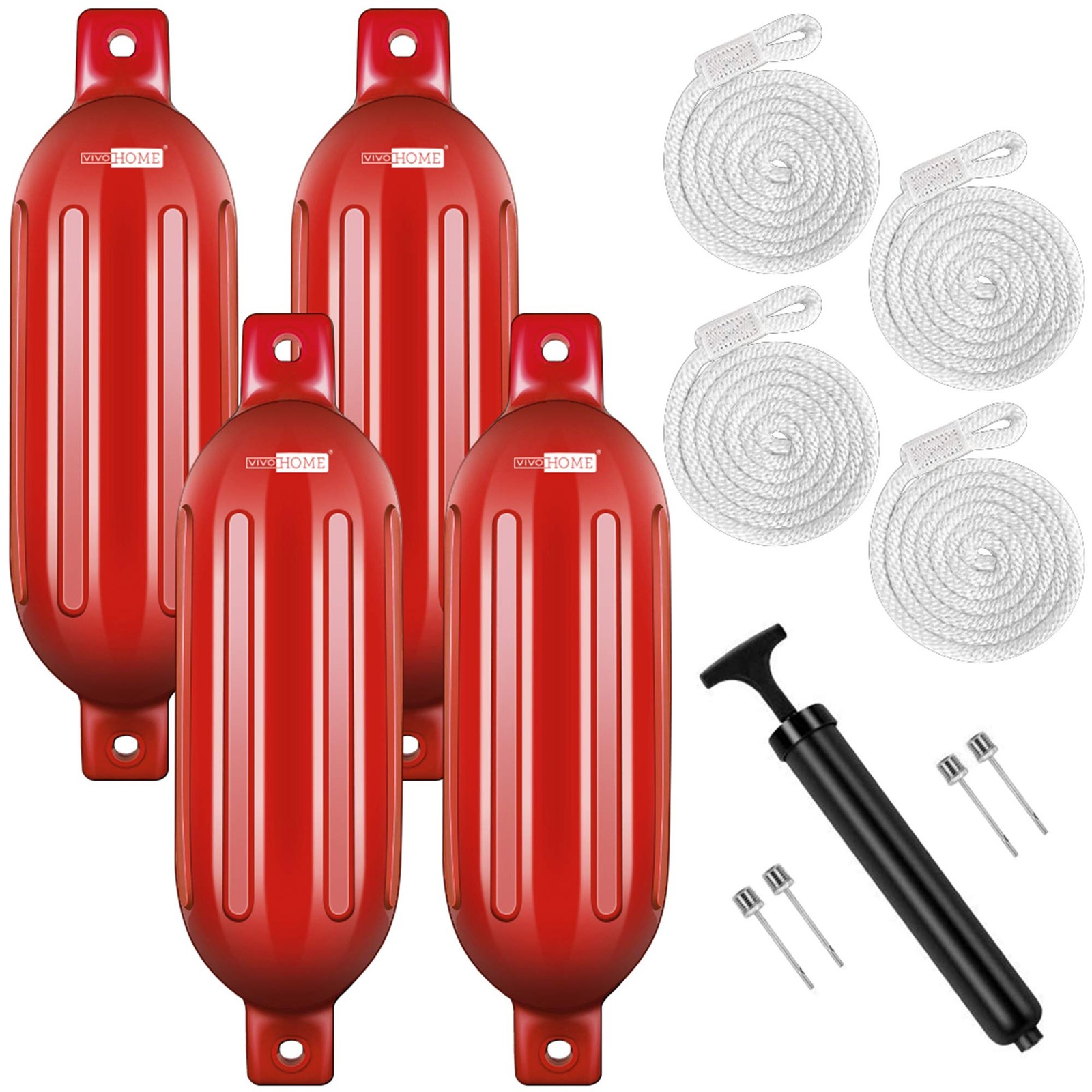 VIVOHOME Vinyl Ribbed Boat Fenders 4 Pack, 6.5 Inch x 24 Inch, Red