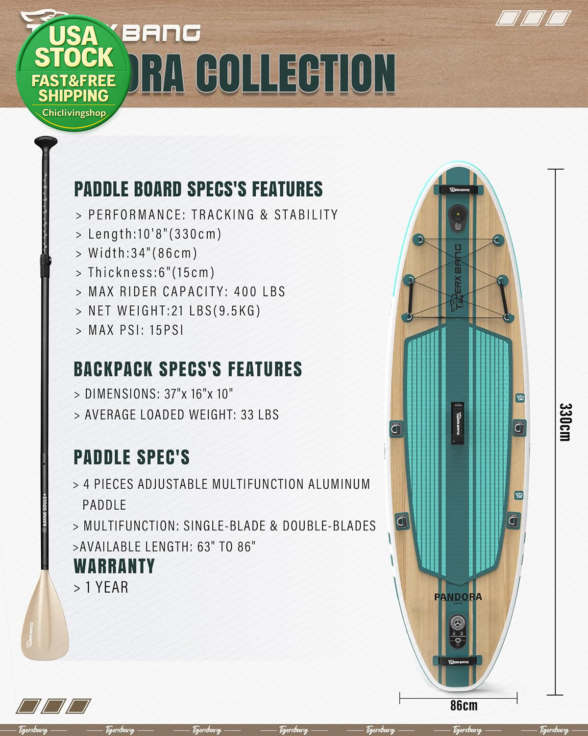 Inflatable Stand up Paddle Board 10.8Ft Wide SUP Kayak Kit Verdigris Green