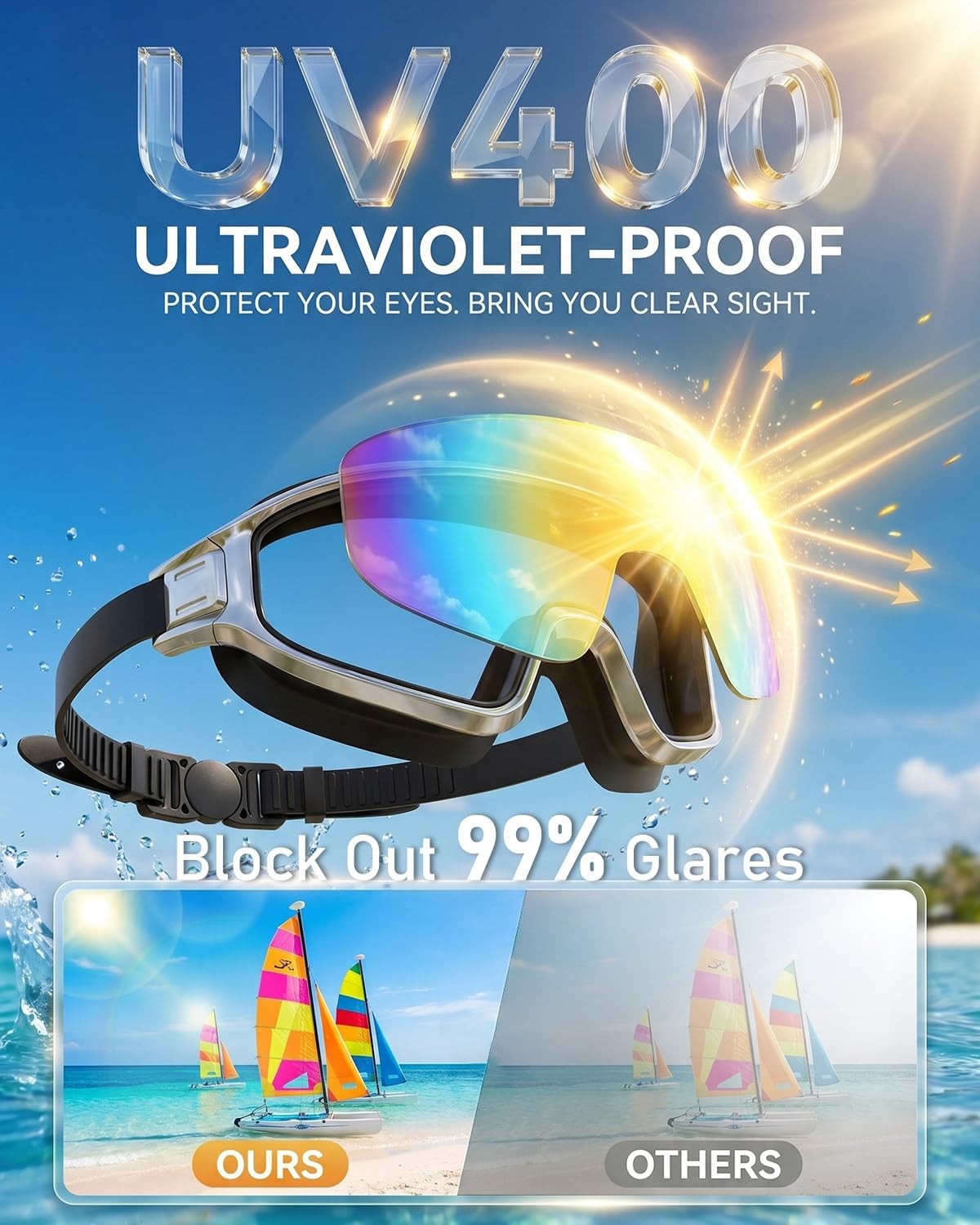 New Black Silver Frame Blue Lens Adult Swim Goggles Waterproof Anti Fog UV