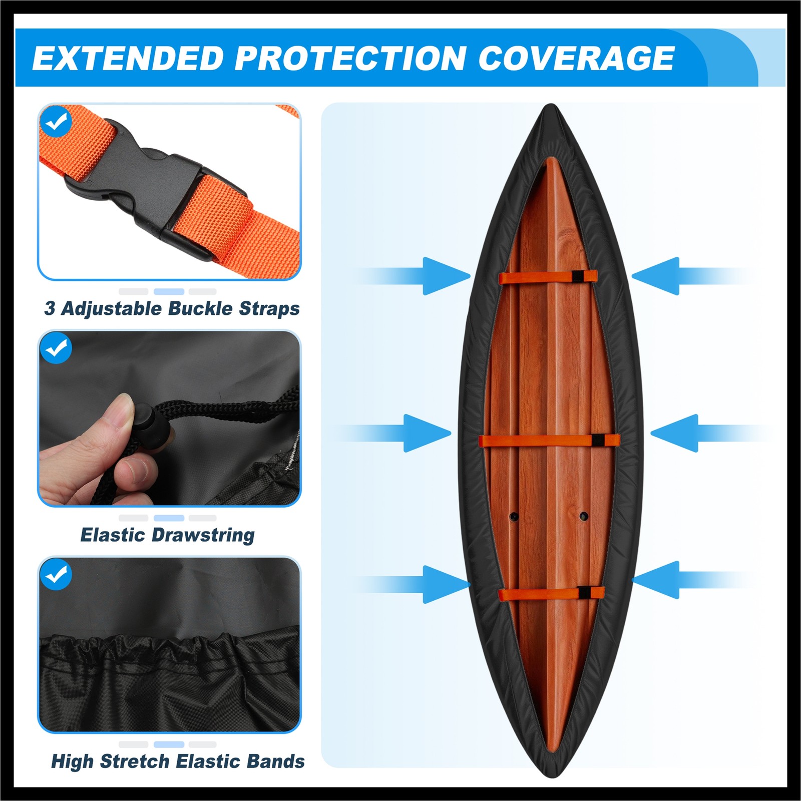 Heavy Duty Kayak Cover Waterproof UV Protection Fit for 10.8ft-12ft Black
