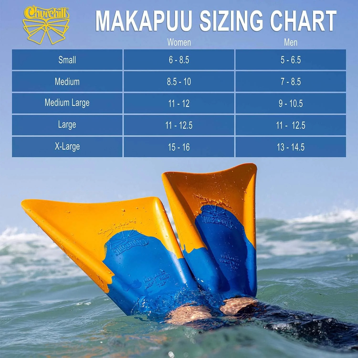 Churchill Makapuu Swimfins, Medium/Large (Mens 9 to 10.5) (Womens 11 to 12)