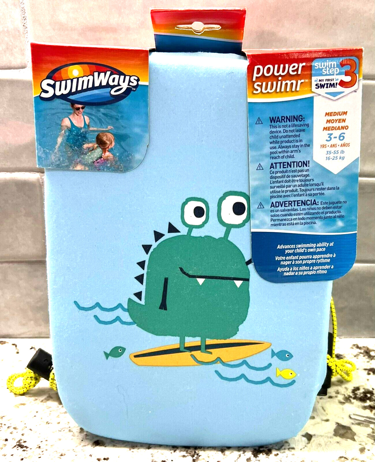 New SwimWays Power Swimr Swim Step 3 Float Vest Blue Size M 3-6 years 35-55 LBS