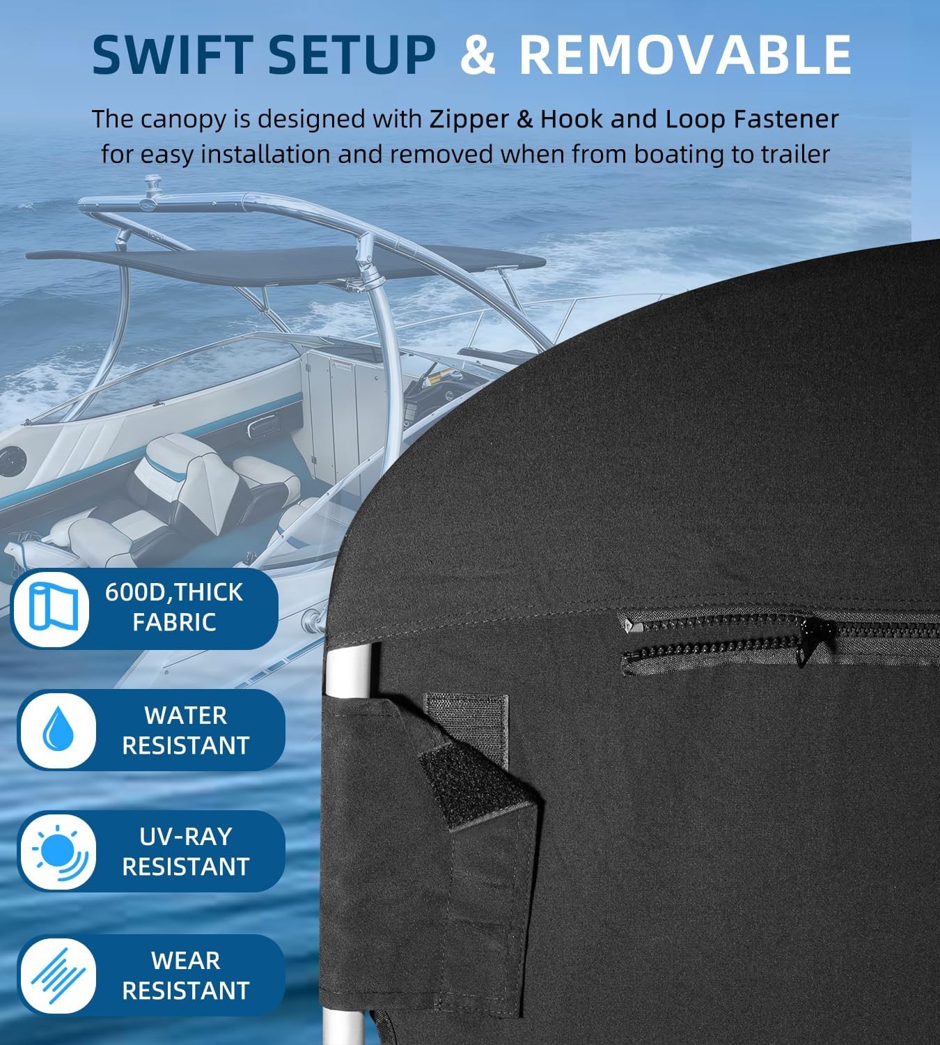 Universal Wakeboard Tower Mounted Flat Cargo Bimini Top Cover 600D Canvas Frame-