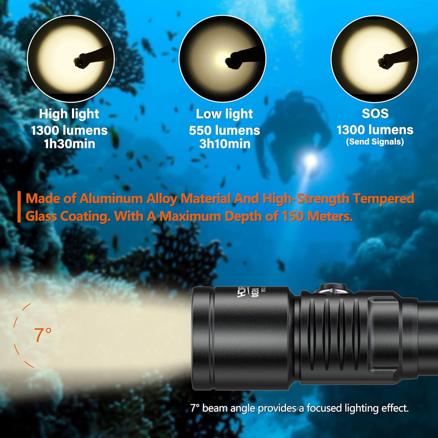 D530 Scuba Dive Light 1300 Lumens, Titanium Alloy Diving Flashlight with Waterpr