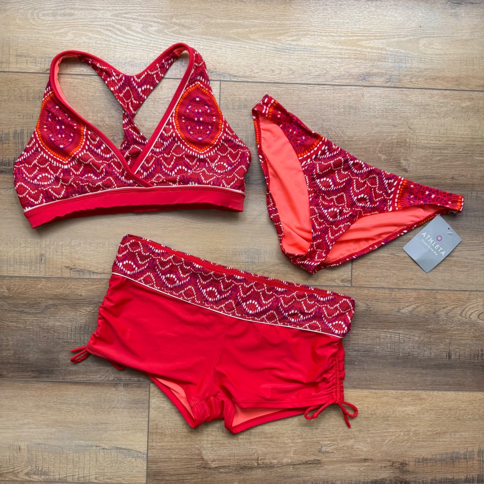 Athleta 3-piece Racer Back Top Bikini Bottom Boy Shorts Bottom Swim Suit Large