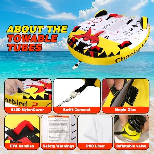 Towable Tube for Boating, 1–2 Person Inflatable Towable Tube with Shark Airplan