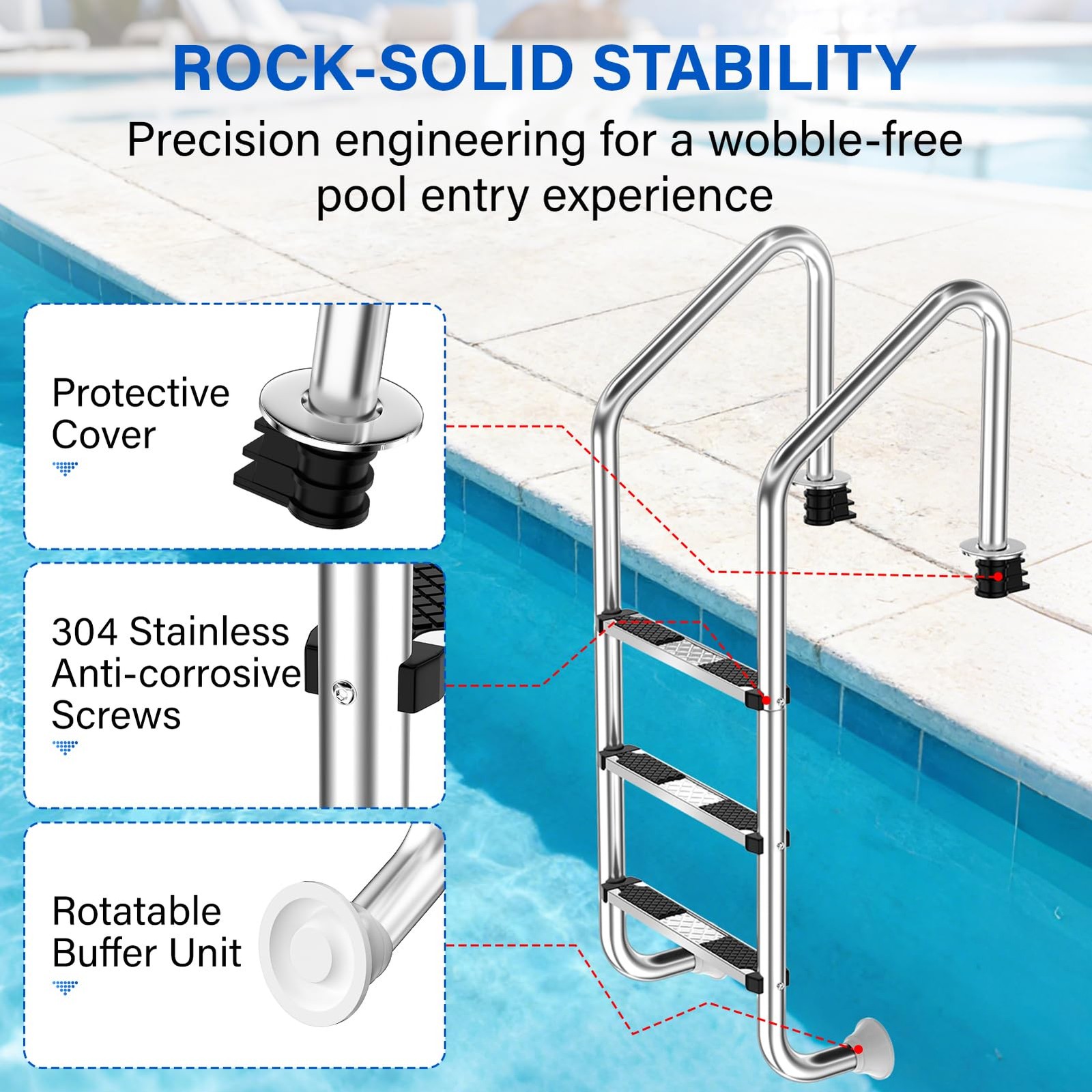 Swimming Pool Ladder 3-Step 304 Stainless Steel Non-Slip Rubber Pads Supports