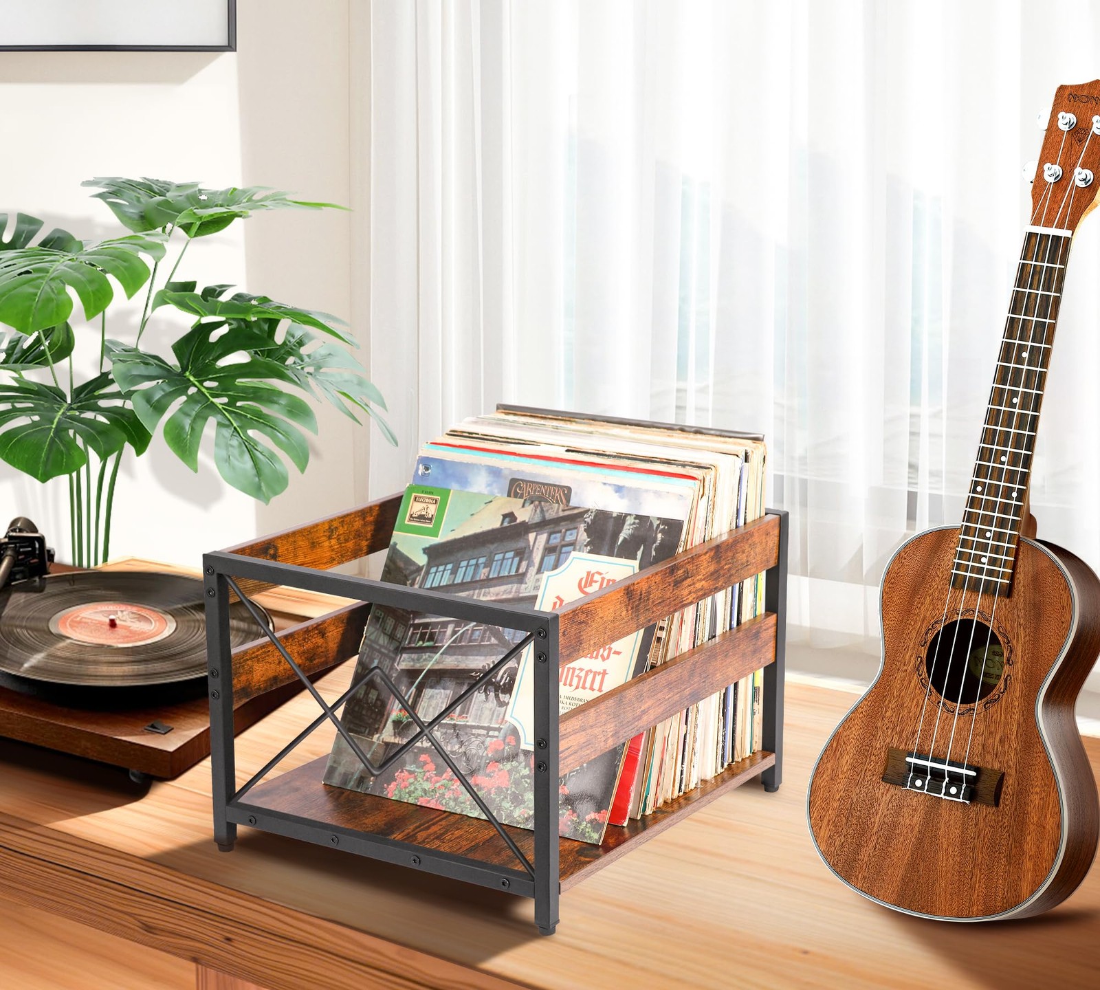 Y&M Vinyl Record Storage Crate, Wooden Cube Brown Black (1 Pack), Retro