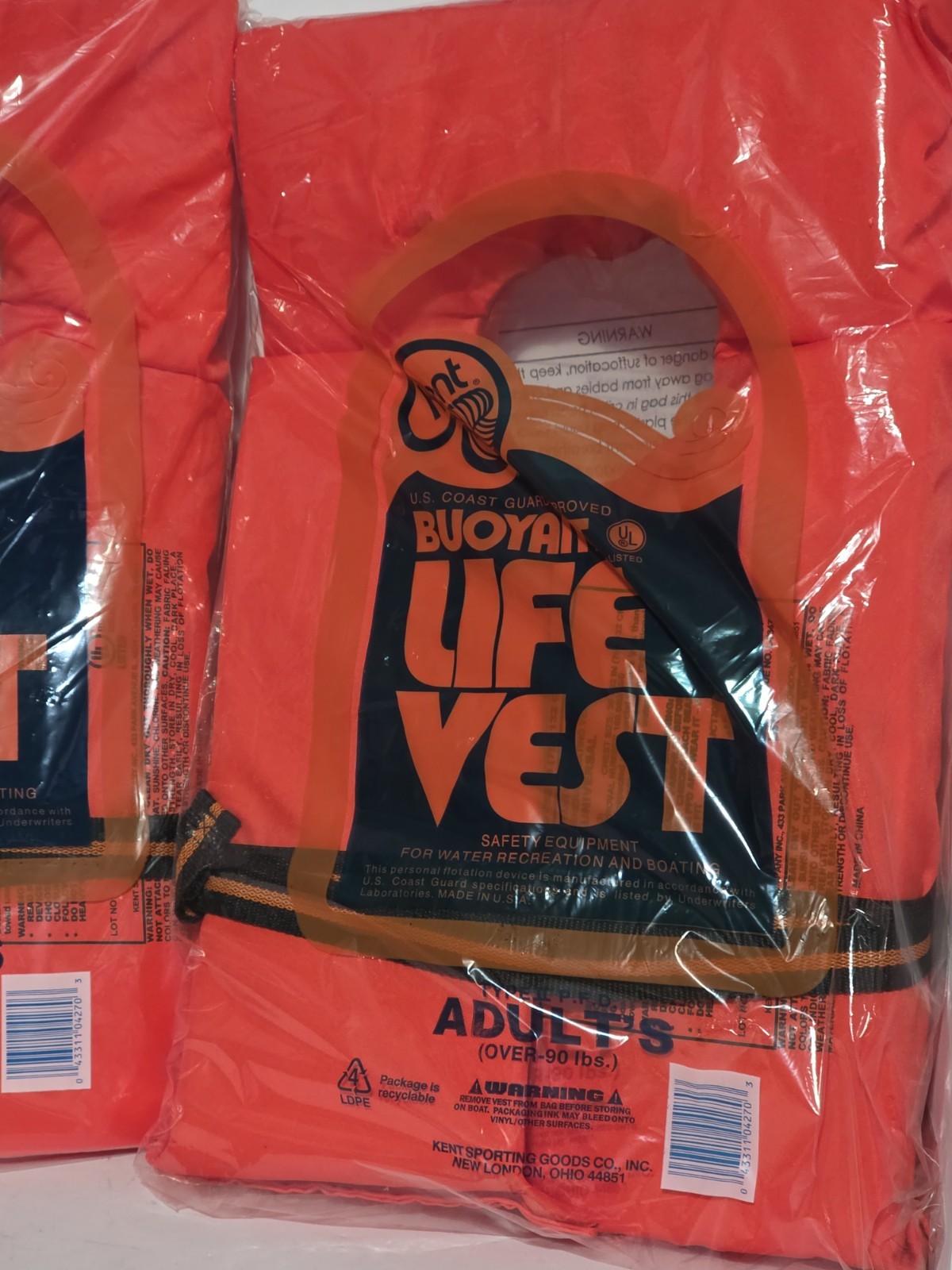 Kent BUPANT LIFE VEST Adults Type ll PFD Over 90 lbs U.S. Coast Guard AppovedL 2