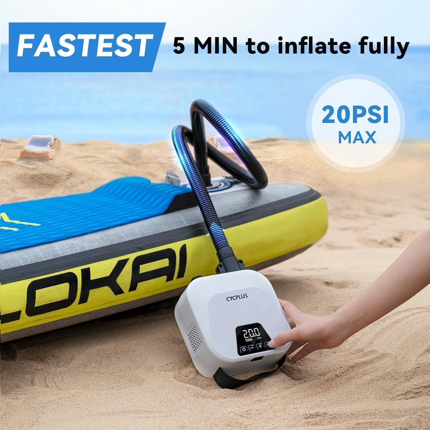20PSI Rechargeable Electric SUP Air Pump | Inflator for Paddle Board, boat, tent