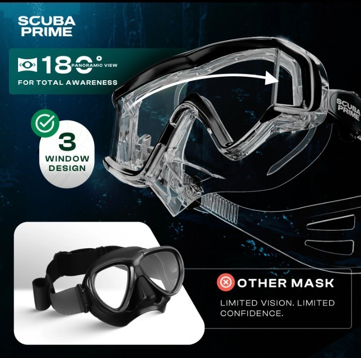 Scuba Prime Panoramic Dive Mask 180° Tempered Glass 3-Window Snorkeling Scuba…