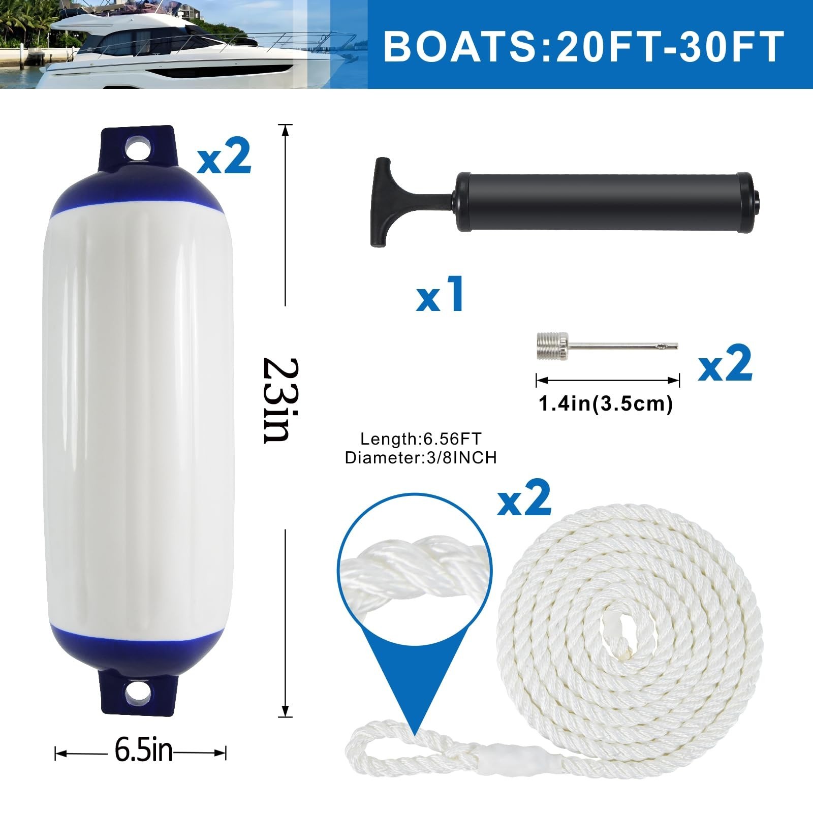 2-Pack Heavy Duty Boat Fenders with Ropes – Saltwater Resistant Rubber Mar
