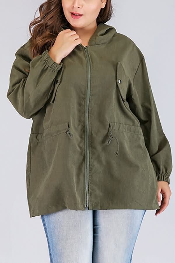 Army-Green Jacket with Zipper Drawstring Hood