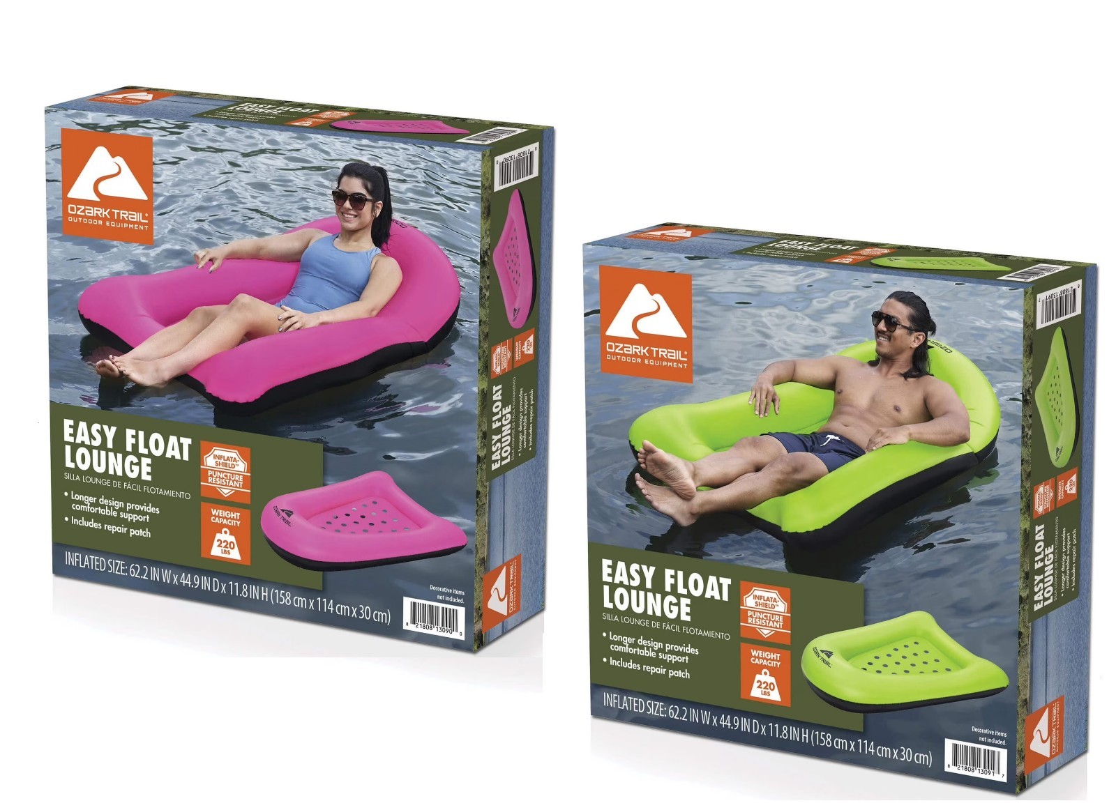 Ozark Trail 2-Pk Easy Float Inflatable Lounge Adult 🟣🟢 Pink/Green 62″ Long 🆕