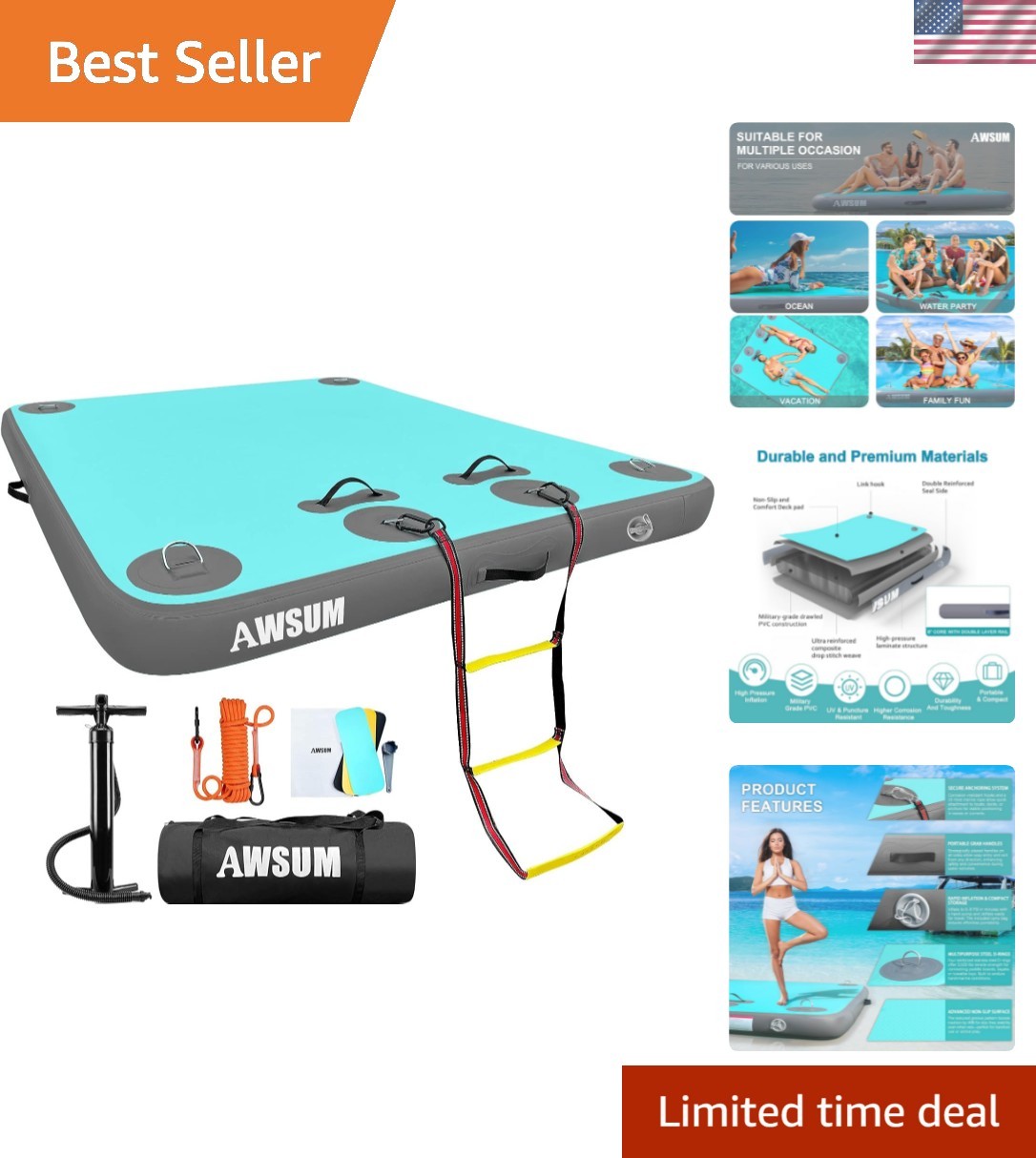 Inflatable Floating Dock Air Dock Platform Floating Island Raft with None-Sli…