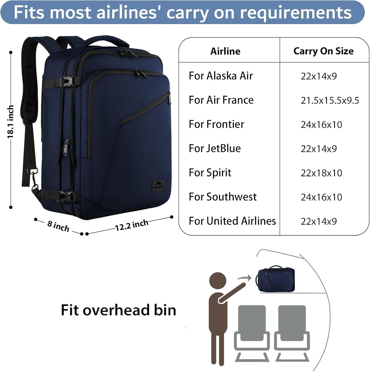 MATEIN Backpack for Travel, 27L Water Resistant Carry on Large, Blue
