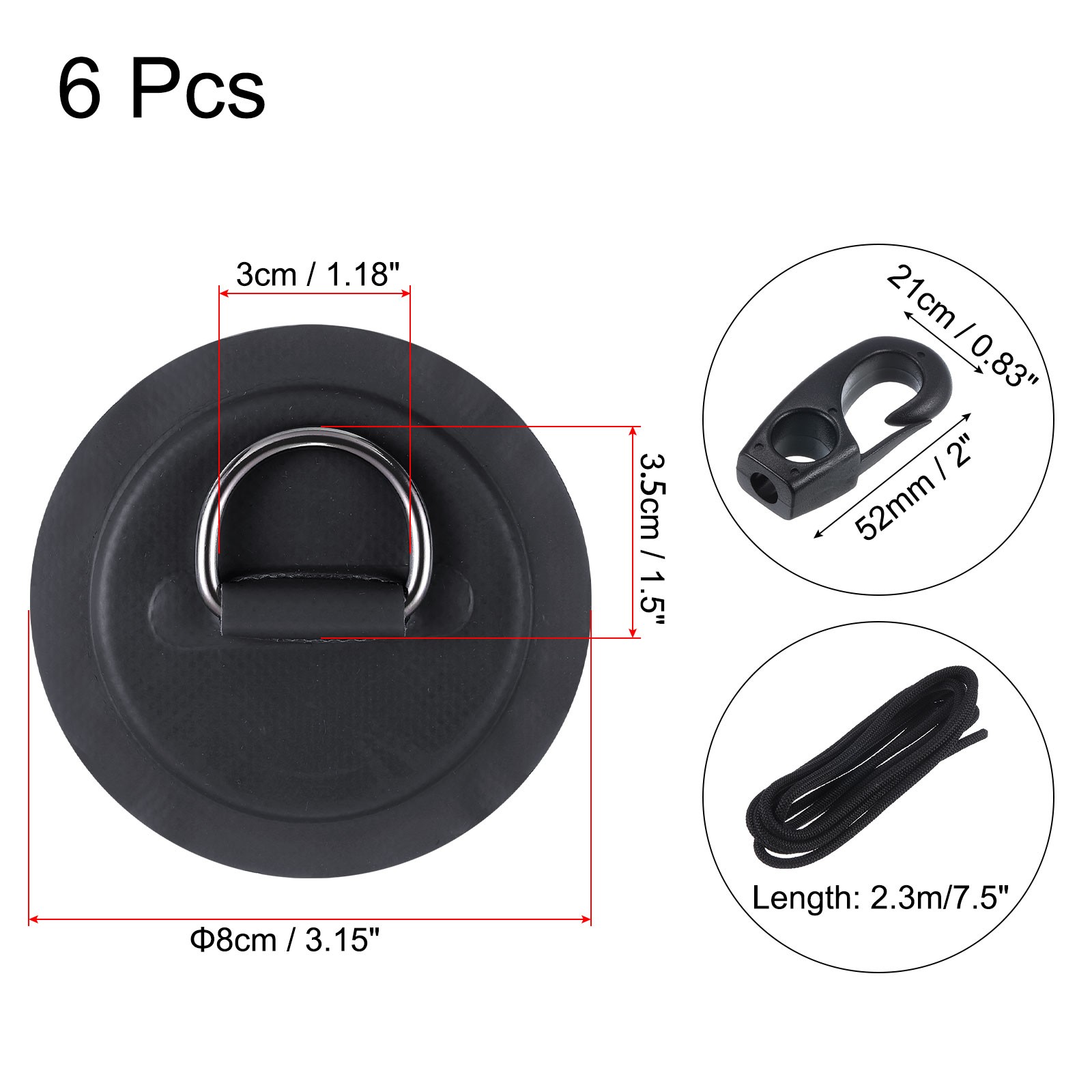 6Pcs Stainless Steel D-Ring Patch Patch with Elastic Cords and Hooks Black