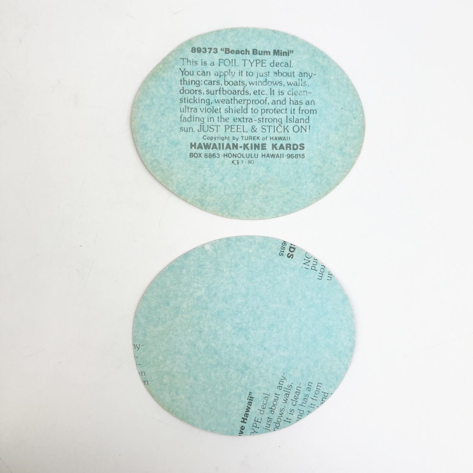 2 Vtg 80s Chrome Foil Decal Stickers Frank Turek Hawaiian Kine Kards Bum Lei’d