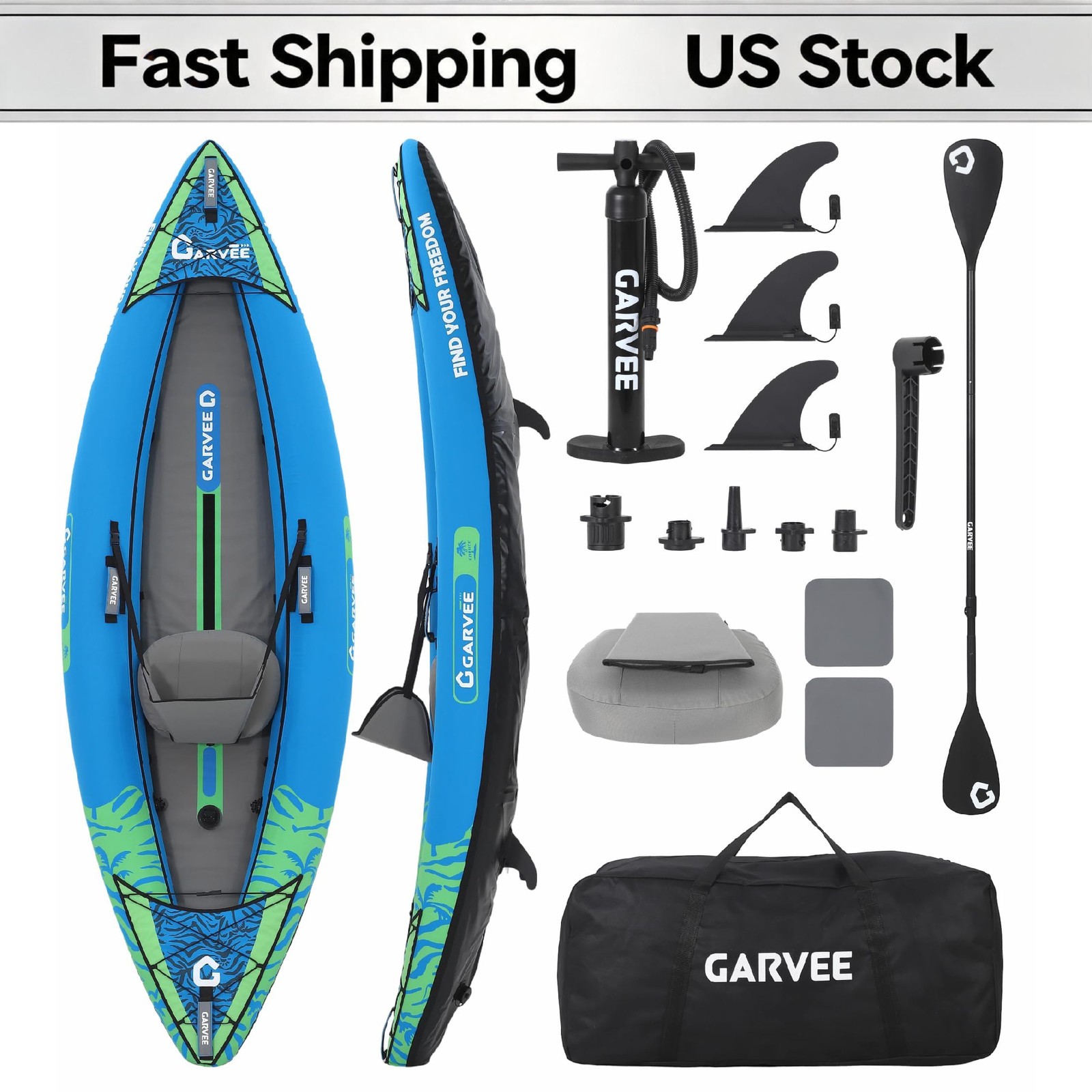Durable Inflatable Kayak for One Person Fishing Padded Seat 3 Fins Pump Repair