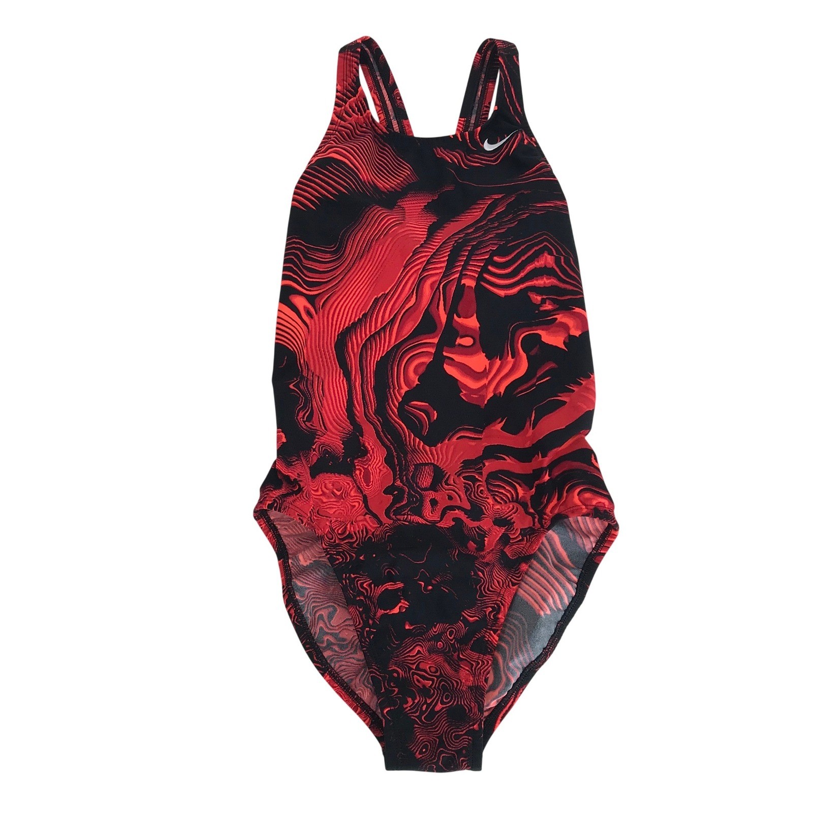 Nike Womens One Piece Swimsuit Red Black Topographic Print Size 30 NESS8020