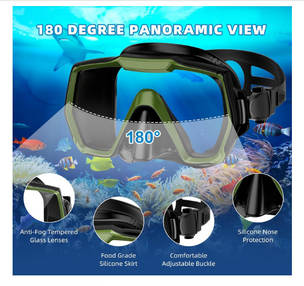 Snorkel Set Army Green Adult Mask Anti-Fog Anti-Leak Dry Top Dive Gear Kit, Gift