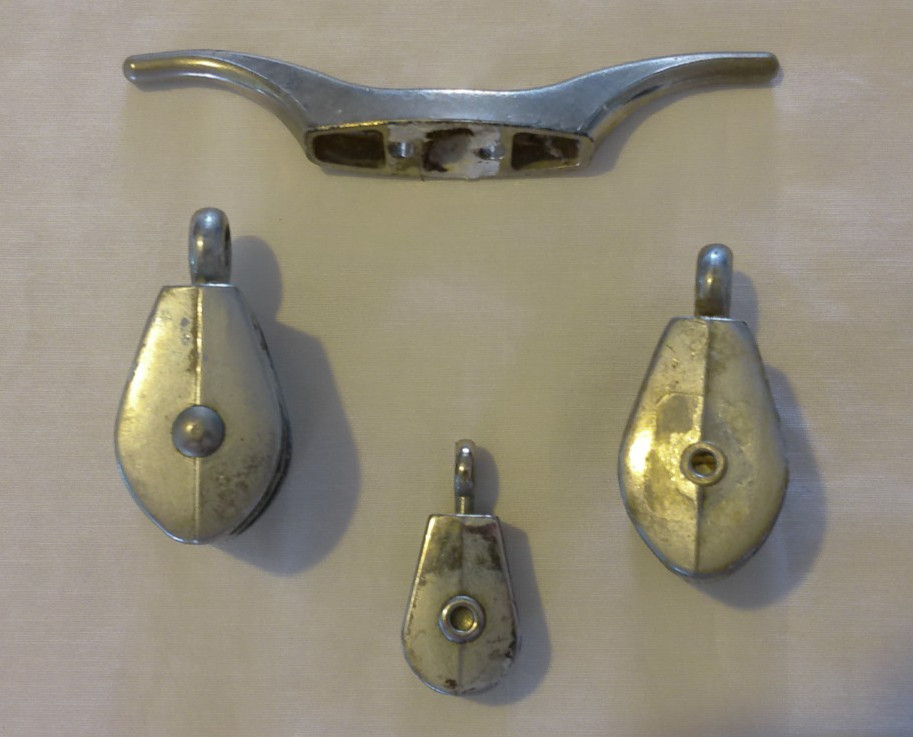 4 Piece Set – 3 Nickel Bronze Block Tackle Pulleys, 1 Cleat – Marine Boat Sail