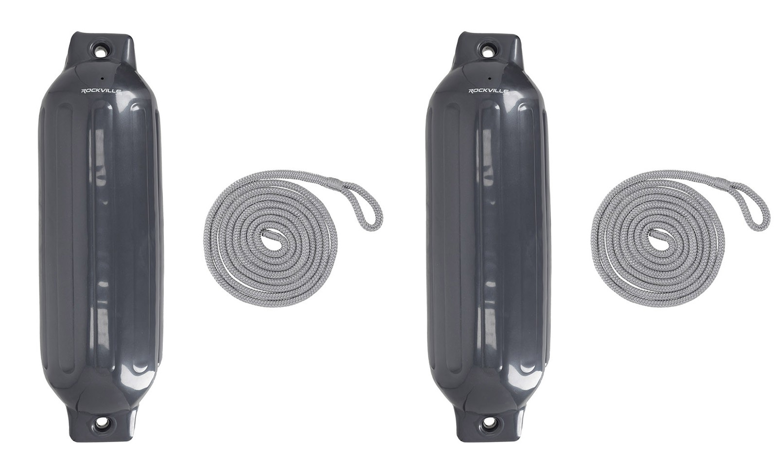 (2) Rockville FEN185-GREY 8.5″ x 27″ Boat Fenders + 10 Foot Line Marine Bumpers