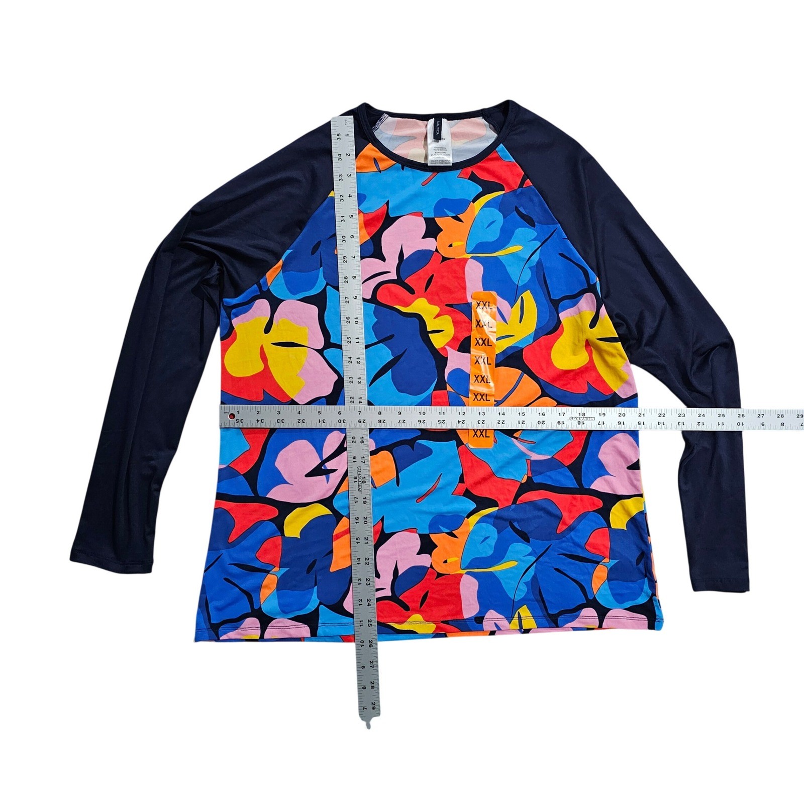 Nautica XXL Women XXL Navy Tropical Rash Guard Long Sleeve Swim Top