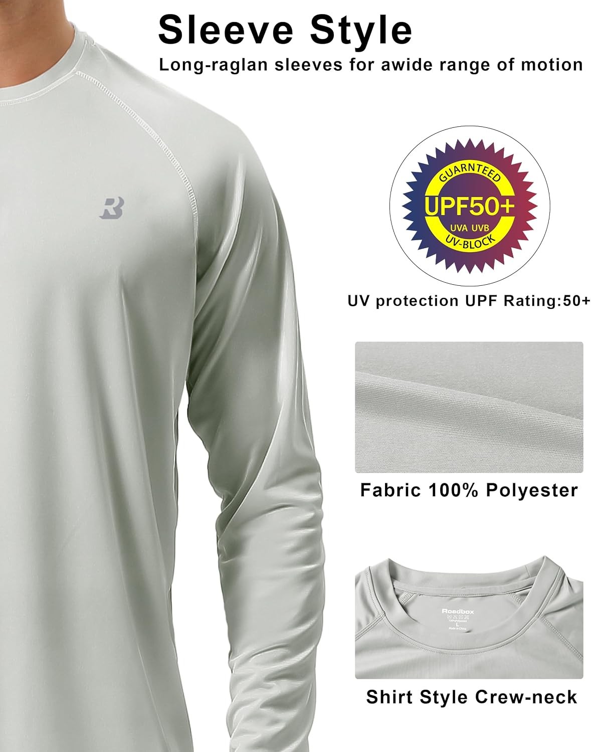 Roadbox Mens UPF 50+ UV Sun Protection Shirts Outdoor Long Sleeve SPF Rash Guard
