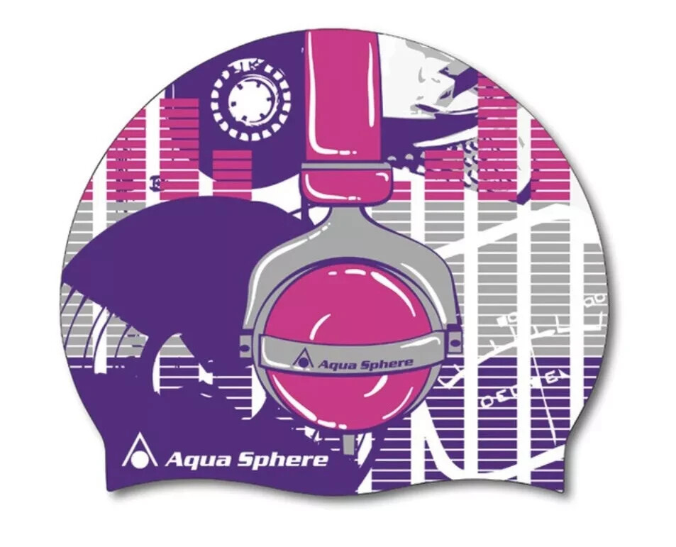 Aqua Sphere Silicone Swim Cap Headphones Graphic Pink/Purple