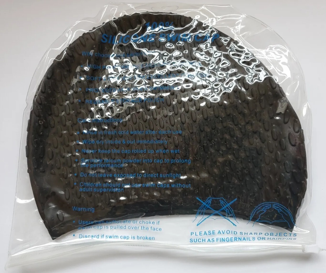 Swim Cap 100% Silicone Black High Performance Adult One Size Durable Soft